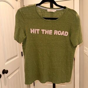 Tory Burch Size Medium “Hit The Road” Sequins Olive Green' Graphic Tee
